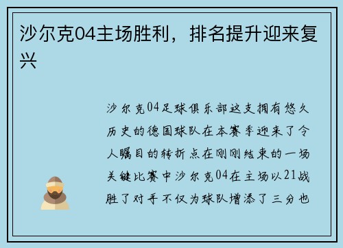 沙尔克04主场胜利，排名提升迎来复兴
