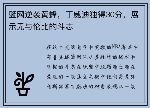 篮网逆袭黄蜂，丁威迪独得30分，展示无与伦比的斗志